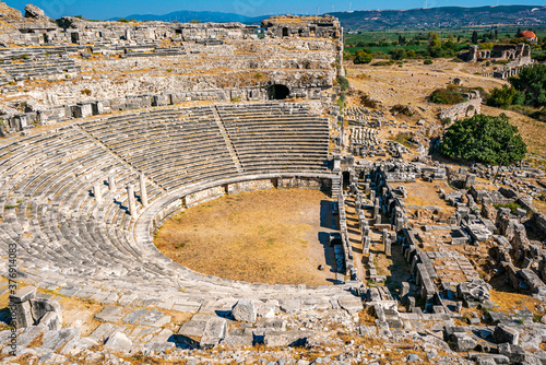 Miletus, was an ancient Greek city on the western of Anatolia, near the Maeander River in ancient Caria. Its ruins are located near  Balat in Aydın Province,  photo