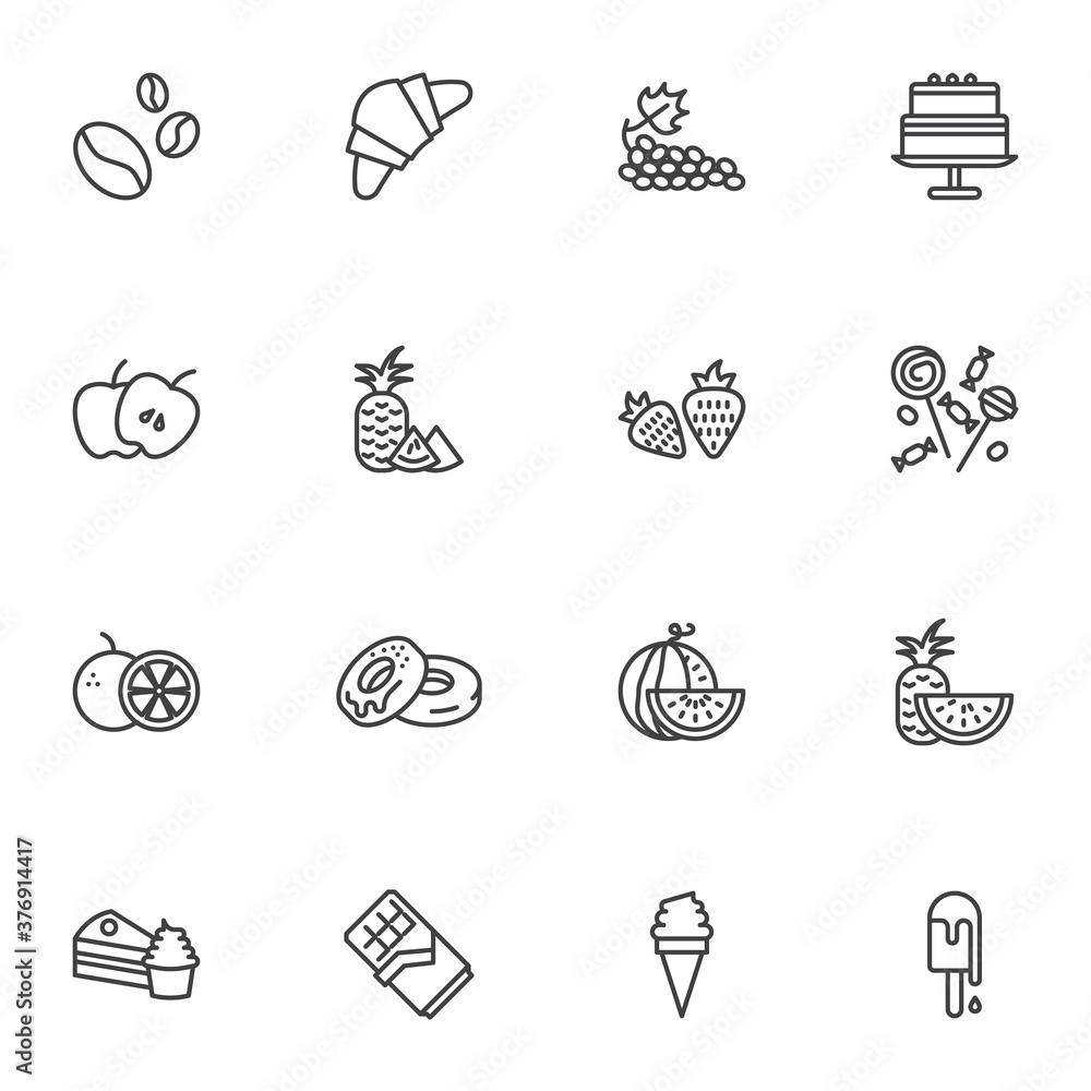 Fototapeta premium Dessert food line icons set, outline vector symbol collection, linear style pictogram pack. Signs, logo illustration. Set includes icons as sweets, candies, grapes fruit, apple, ice cream, cake, donut