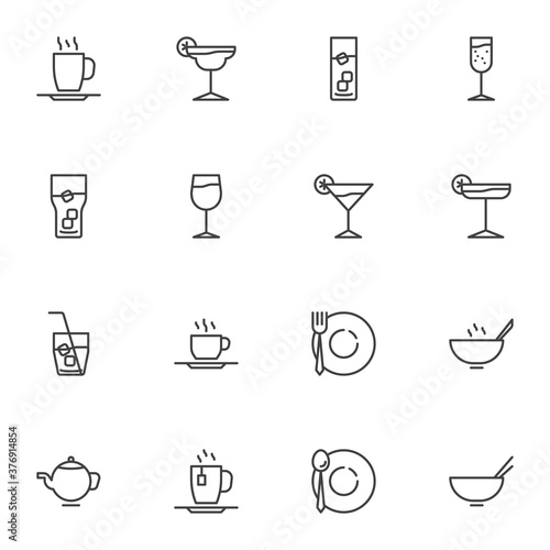 Glassware line icons set, kitchen utensils outline vector symbol collection, linear style pictogram pack. Signs, logo illustration. Set includes icons as cocktail glass, wine glass, plate and cutlery
