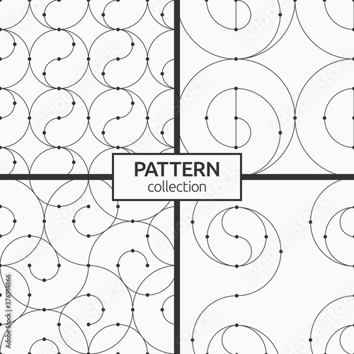 Set of four geometrical seamless patterns. Repeating tiles with connecting circles and lines. Linear style. Spiral elements. Dots in nodes. Abstract vector monochrome backgrounds. Modern stylish textu