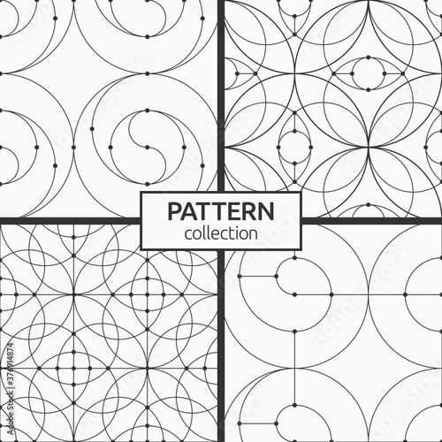 Set of four geometrical seamless patterns. Repeating tiles with connecting circles and lines. Linear style. Spiral elements. Dots in nodes. Abstract vector monochrome backgrounds. Modern stylish textu