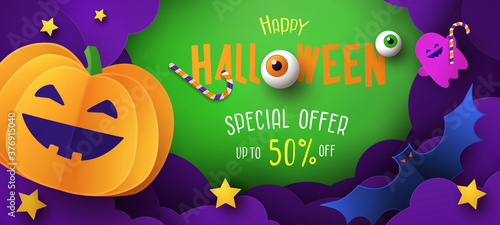 Halloween Sale Promotion banner with cutest pumpkin, bat, ghost and candy in night clouds. Paper cut, digital craft style. Halloween web Sale design, poster, party invitation or greeting card template