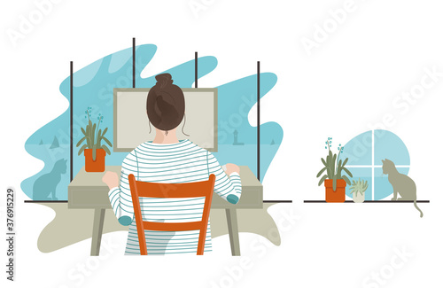 Working at home, concept illustration. Woman freelancers working at home. People at home in quarantine.