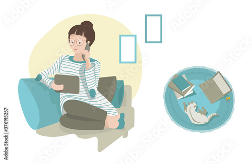 Working at home, concept illustration. Woman freelancers working at home. People at home in quarantine.
