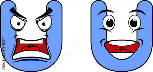 Letter U with Angry and Happy character set flat photo