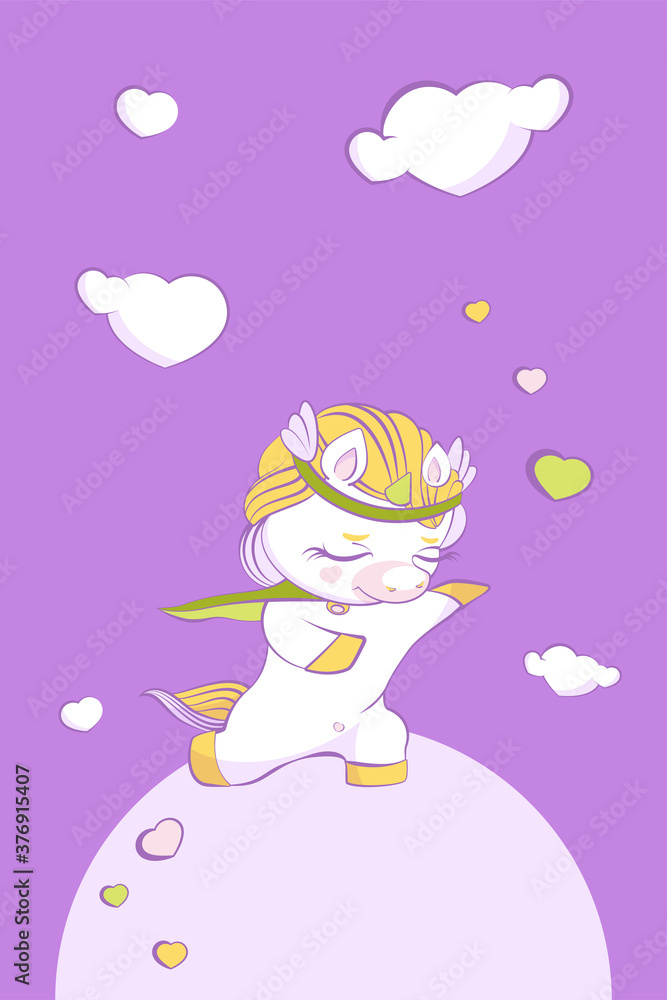 Fototapeta premium Cute little unicorn prince in love on one knee. Pink background