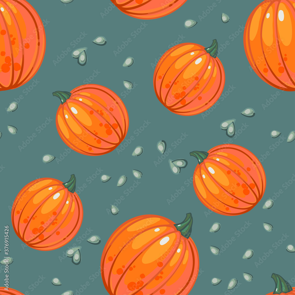 Seamless pattern with juicy ripe orange pumpkins and pumpkin seeds on a gray-blue background. Hand drawn vector illustration. Seasonal, autumn vegetables. Farmed organic products.