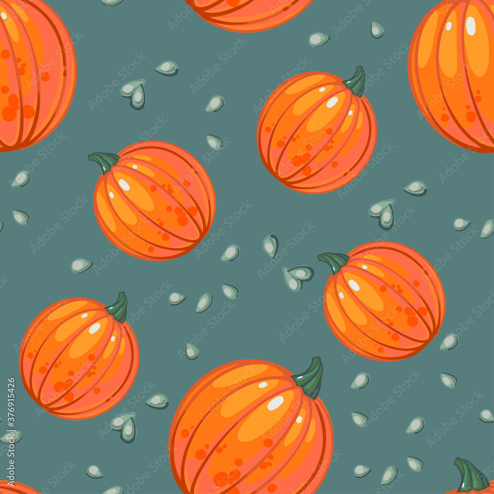 Seamless pattern with juicy ripe orange pumpkins and pumpkin seeds on a gray-blue background. Hand drawn vector illustration. Seasonal, autumn vegetables. Farmed organic products. Seamless pattern with juicy ripe orange pumpkins and pumpkin seeds on a gray-blue background. Hand drawn vector illustration. Seasonal, autumn vegetables. Farmed organic products.