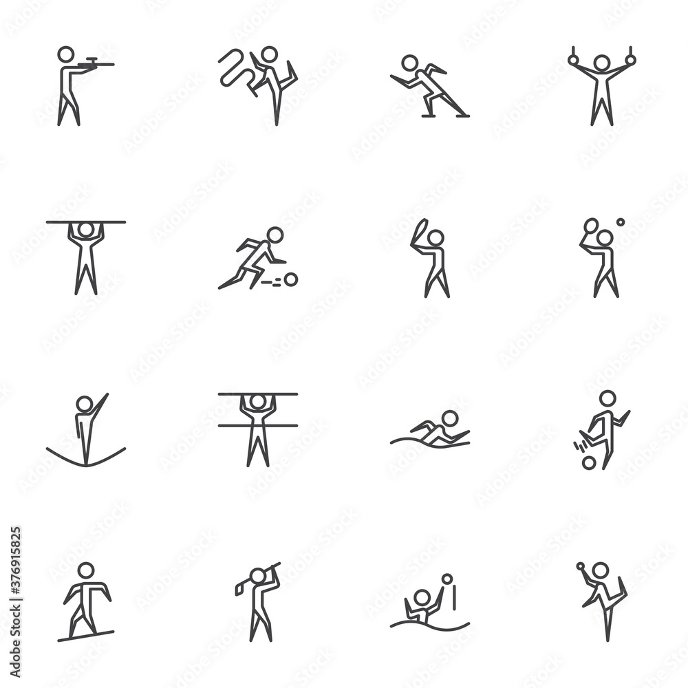 Sport line icons set, outline vector symbol collection, linear style pictogram pack. Signs, logo illustration. Set includes icons as triathlon, rhythmic gymnastics, baseball, gymnastics rings, tennis Sport line icons set, outline vector symbol collection, linear style pictogram pack. Signs, logo illustration. Set includes icons as triathlon, rhythmic gymnastics, baseball, gymnastics rings, tennis