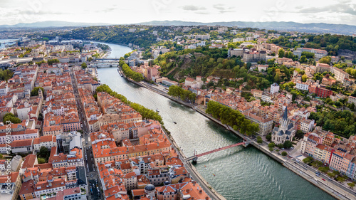 Lyon France panoramic aerial view, city panorama, beautiful cityscape from above