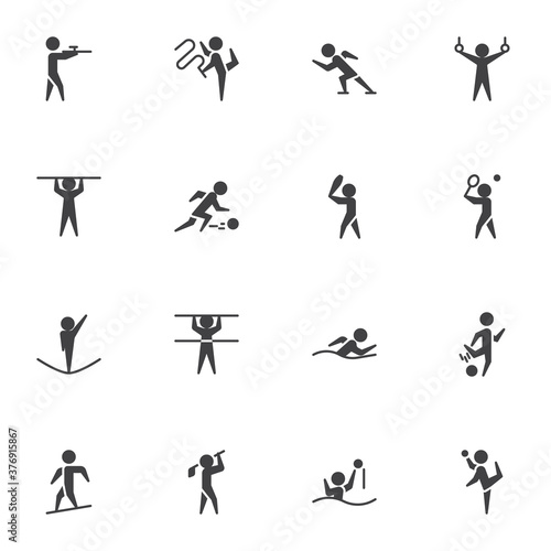Sport vector icons set, modern solid symbol collection, filled style pictogram pack. Signs, logo illustration. Set includes icons as triathlon, rhythmic gymnastics, baseball, gymnastics rings, tennis