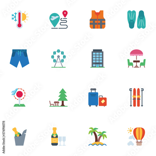 Travel elements collection, summer vacation flat icons set, Colorful symbols pack contains - summer beach, hotel building, baggage, weather thermometer, hiking. Vector illustration. Flat style design