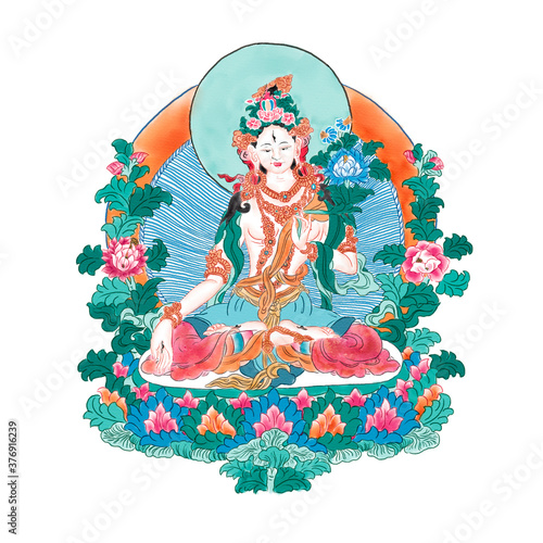 Watercolor Illustration of Thangka of White Tara who meditating on a lotus seat, isolated on white background. | 白度母
