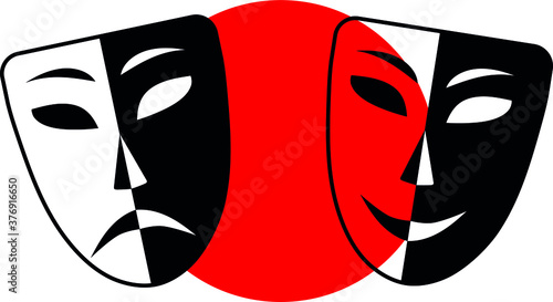 Tragedy comedy masks. Black and white theater faces, smiled and sad with red circle. Perfomance drama or comedy, opposite emotions. Vector illustration. 