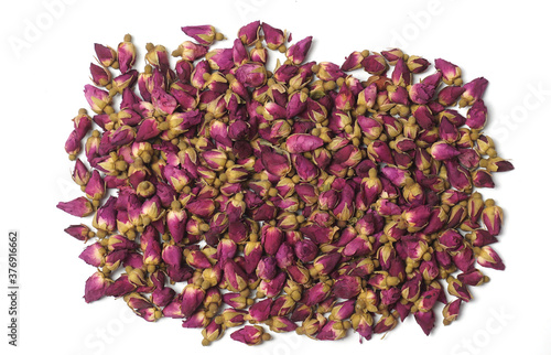 Pile of dried rose on white background.