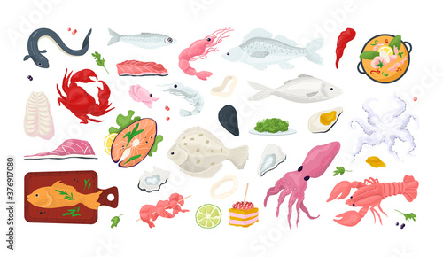 Seafood fish menu restaurant icons set with sea food, crab, shrimps, shell l isolated vector illustration. Shellfish, octopus, squid, oyster and salmon slice. Gourmet seafood meal market.