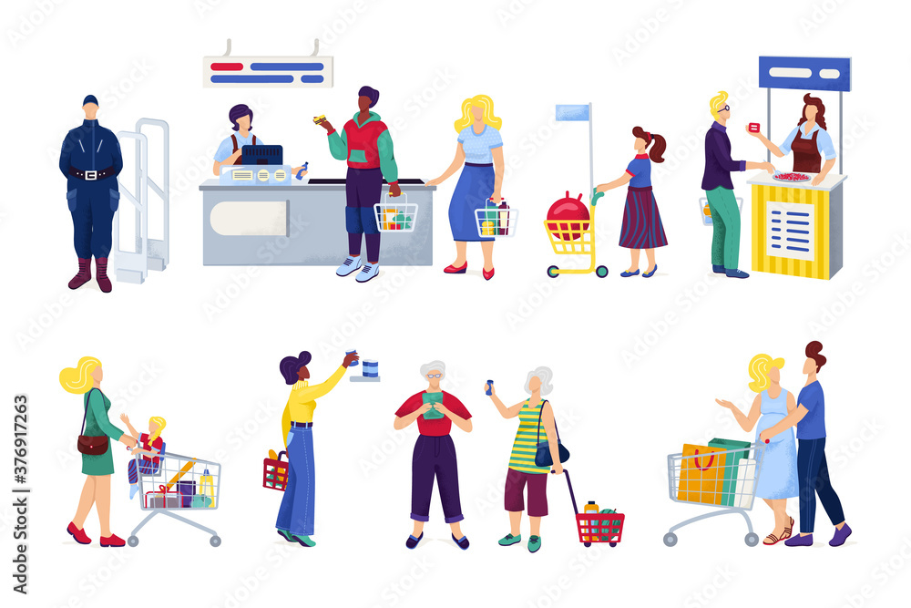 Shopping in supermarket, customers buying grocery products, set of isolated on white vector illustrations. Peopleshoppers at market, by cashier, at mall, shop or store, family with cart or basket.