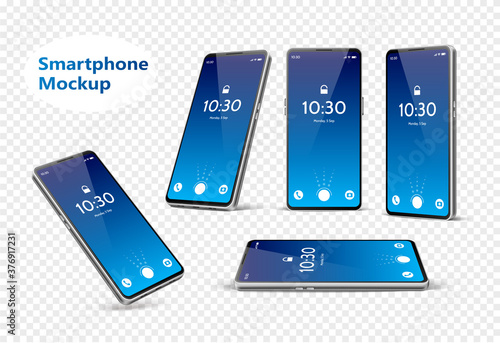 Vector blue frameless smartphone mockup set 3d