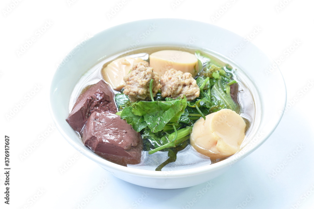 boiled vegetable gourd minced pork and blood with egg tofu soup on bowl boiled vegetable gourd minced pork and blood with egg tofu soup on bowl