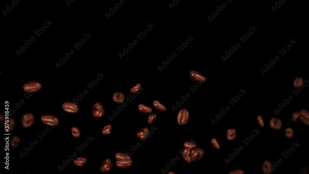 Flying many coffee beans on black background. Caffeine drink, Breakfast, Aroma. 3D animation of roasted coffee beans rotating. Loop animation. Flying many coffee beans on black background. Caffeine drink, Breakfast, Aroma. 3D animation of roasted coffee beans rotating. Loop animation.