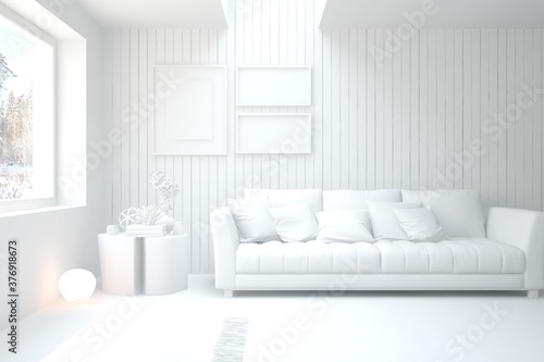 White minimalist living room with sofa. Scandinavian interior design. 3D illustration