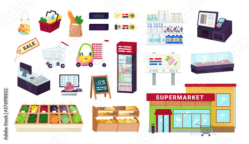 Supermarket, grocery store, food market shop icons set isolated on white vector illustrations. Showcases shelves of fruit, vegetables, cash, shopping basket, cart and products. Supermarket assortment.