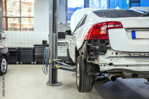 Car garage, service and accident vehicle detail. 