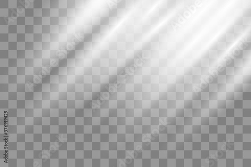 Shining sun glare rays, lens flare vector illustration. Sunlight glowing png effect. White beam sunrays sky background
