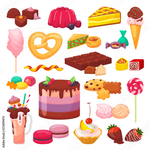 Sweet desserts set of isolated vector illustrations. Cake with cream, chocola...