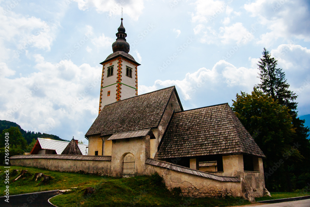 Scenic Church at Lake Bohinj in Slovenia