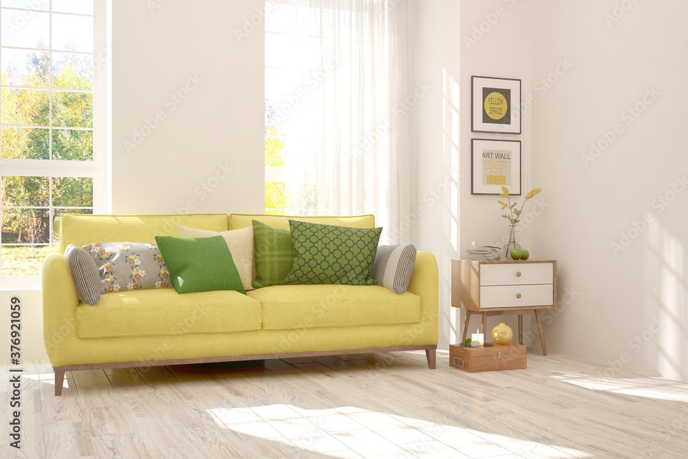 Stylish room in white color with sofa and autumn landscape in window. Scandinavian interior design. 3D illustration Stylish room in white color with sofa and autumn landscape in window. Scandinavian interior design. 3D illustration