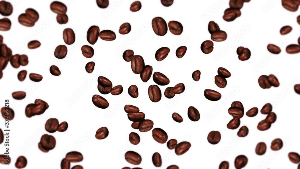 Flying many coffee beans on white background. Caffeine drink, Breakfast, Aroma. 3D animation of roasted coffee beans rotating. Loop animation. Flying many coffee beans on white background. Caffeine drink, Breakfast, Aroma. 3D animation of roasted coffee beans rotating. Loop animation.