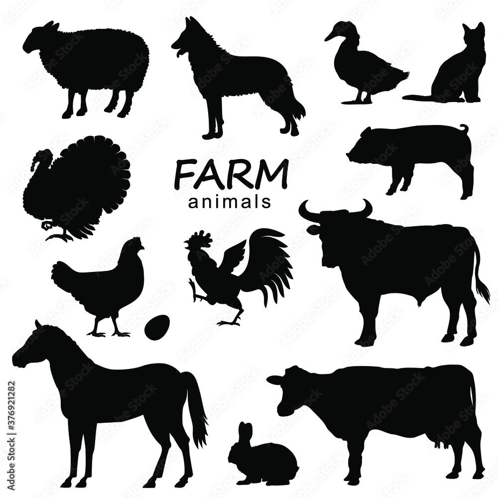 Farm animals set vector black silhouette isolated on white for design ...