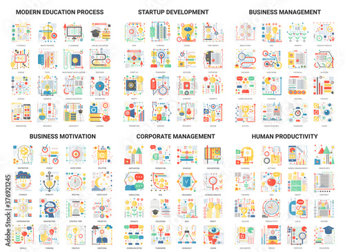 Complex concept flat abstract vector icons, modern design icon set educational and development management, corporate business education process and startup, motivation for human productivity