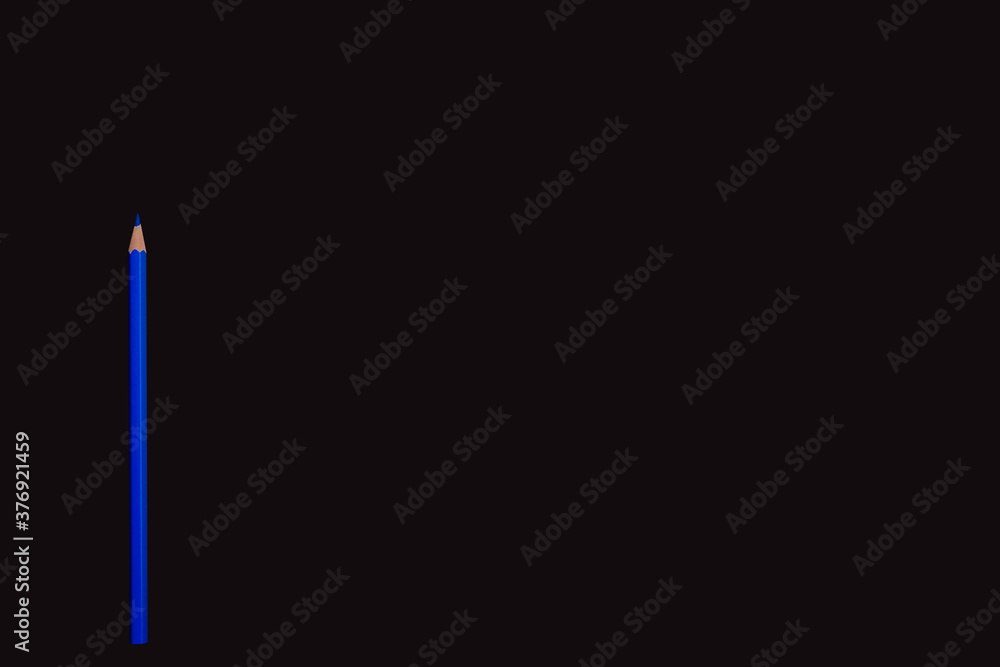 Blue pencil on dark background, side border from top view. Empty space for text. Blue pencil on dark background, side border from top view. Empty space for text.