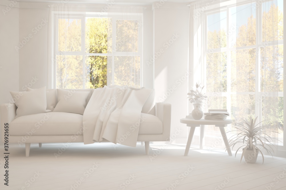 Stylish room in white color with sofa and autumn landscape in window. Scandinavian interior design. 3D illustration Stylish room in white color with sofa and autumn landscape in window. Scandinavian interior design. 3D illustration