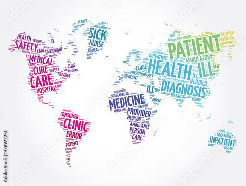 Patient word cloud in shape of world map, health concept background