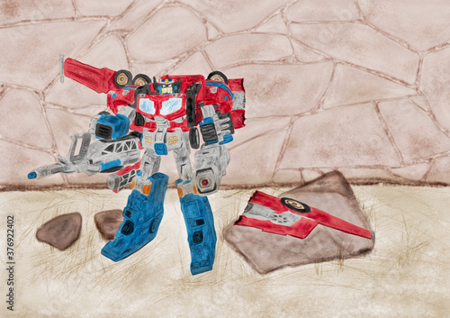Photo Watercolor Illustration of an abandoned toy transformer with broken wings standi