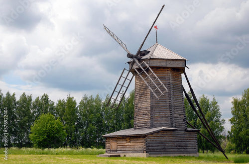 Wooden windmill in Museum of wooden architecture. Suzdal town, Vladimir Oblast, Russia.