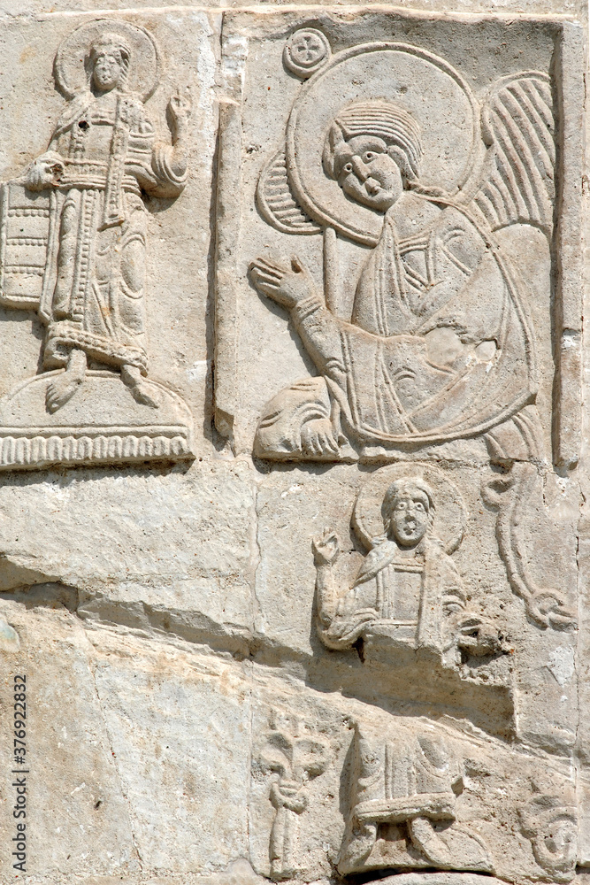 Fragment of decoration of St. George's Cathedral (Georgievsky cathedral, 1230-1234). Yuryev-Polsky town, Vladimir Oblast, Russia.