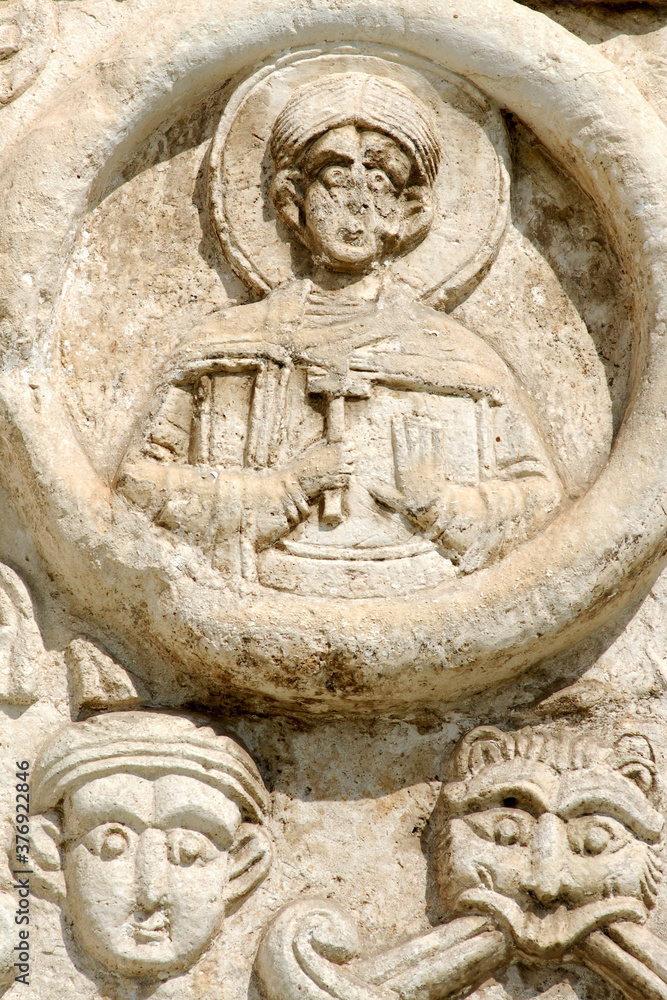 Fragment of decoration of St. George's Cathedral (Georgievsky cathedral, 1230-1234). Yuryev-Polsky town, Vladimir Oblast, Russia.