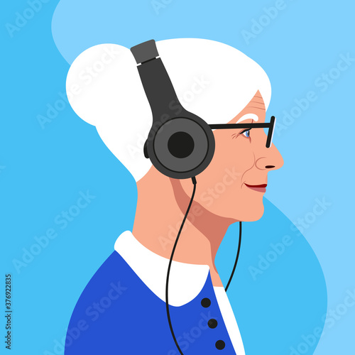 Aged woman in glasses and headphones profile portrait on blue background. Audio books for elderly people concept. International scientific conference. Vector Illustration. 