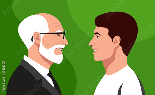 Aged lecturer, businessman with glasses in costume instructs college student, university graduate. Father instructs son. Vector Illustration on green background. 