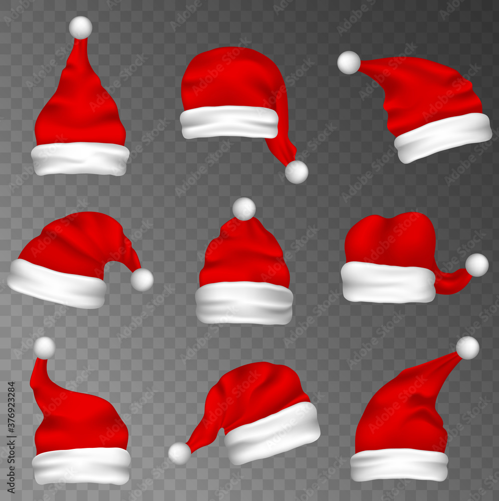Big set of realistic Santa Hats isolated on transparent background. New Year Red Hat Isolated on White Background. Winter Cap. Big set of realistic Santa Hats isolated on transparent background. New Year Red Hat Isolated on White Background. Winter Cap.
