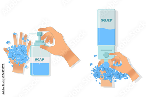 close-up hands using hand sanitizer gel pump dispenser.  Wall mounted soap dispenser. Wall hanging hand wash container. Protection from germs such as coronavirus