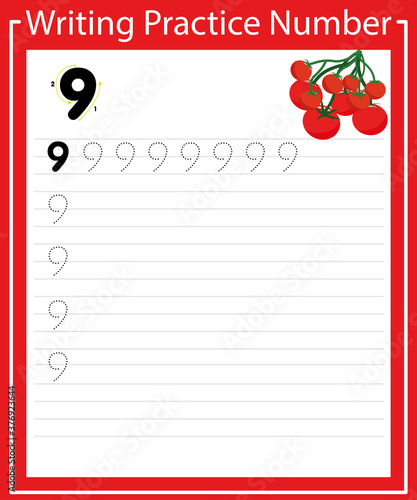 The practice of writing numbers 9. Learn to count and write. Math game for children of preschool and school age.