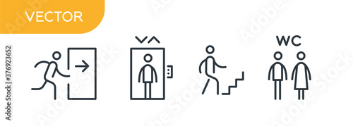 Vector line icons. Exit, WC, elevator, stairs. Symbols for hotels, public buildings, exit plans. Public navigation. Isolated on white background, flat design