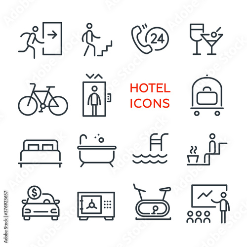 Collection of vector line icons. Icons for service services, rent, hotels, apartments, hostels. Isolated on white background, flat design
