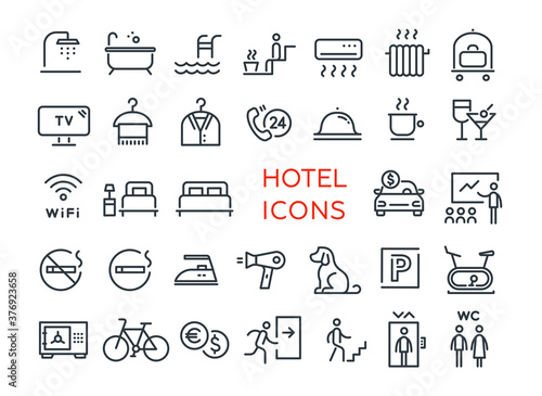Hotel business and service. Collection of vector line icons for hostels, apartments, hotels, rent. Signs and symbols for web and mobile app UI. Isolated on white, flat design