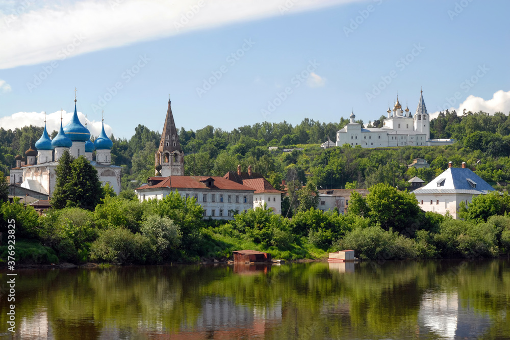 Panorama of Gorokhovets town and view of Klyazma River. Vladimir Oblast, Russia.